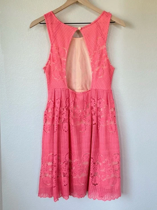 FREE PEOPLE 8 Rocco Dress in Cherry • Coral Pink Lace Fit & Flare Open Back Mini - Picture 7 of 11